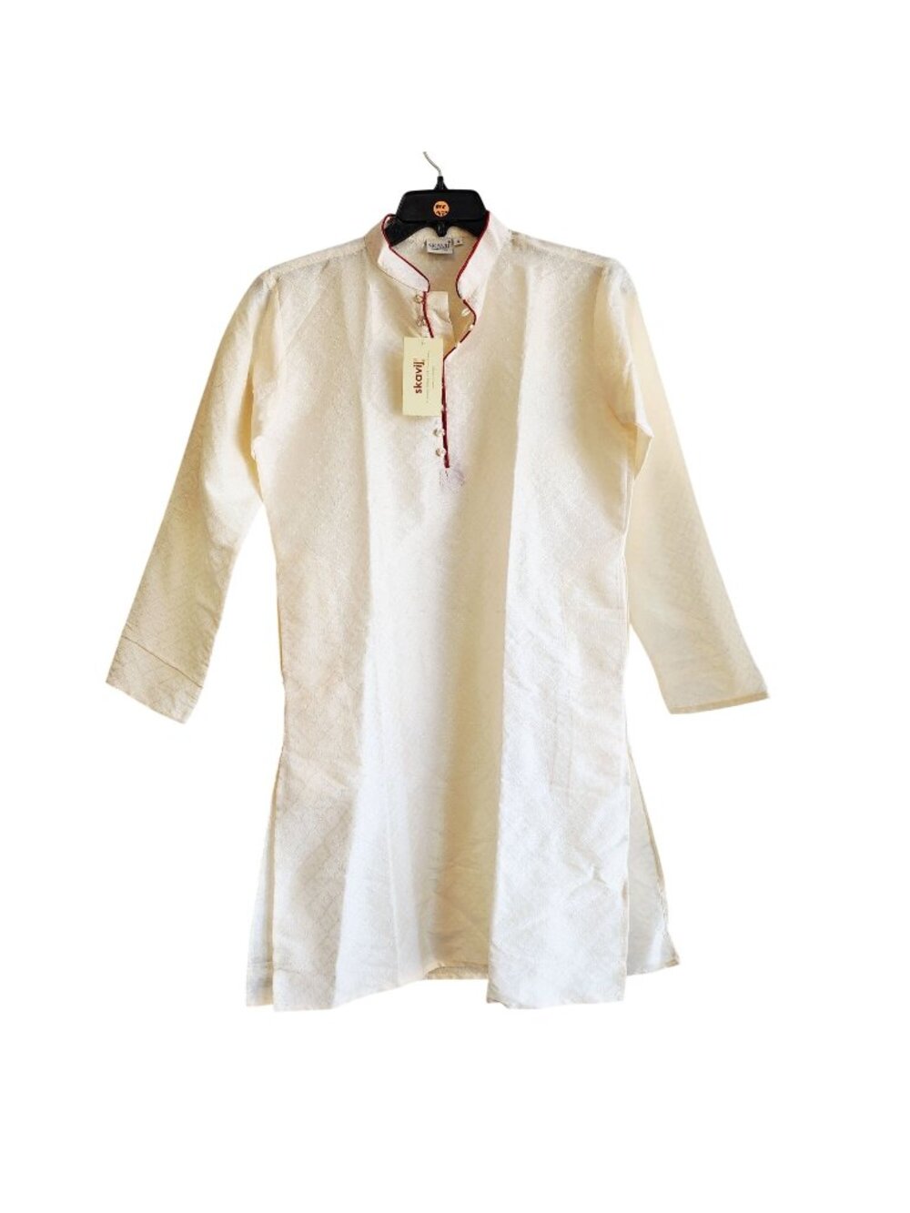 Skavij Mens Ivory Kurta Shirt With Red Trim Cotton Blend Size S Authentic